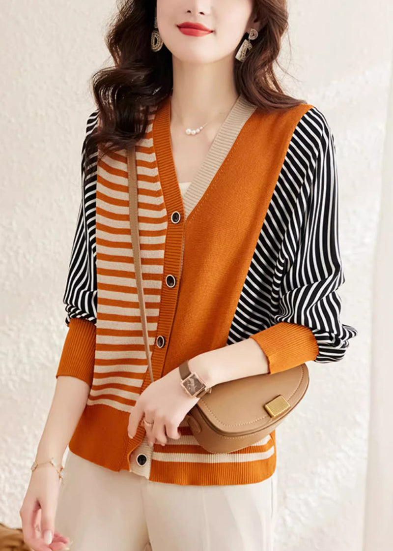 Orange V Neck Striped Button Woolen Sweater Spring Tf045