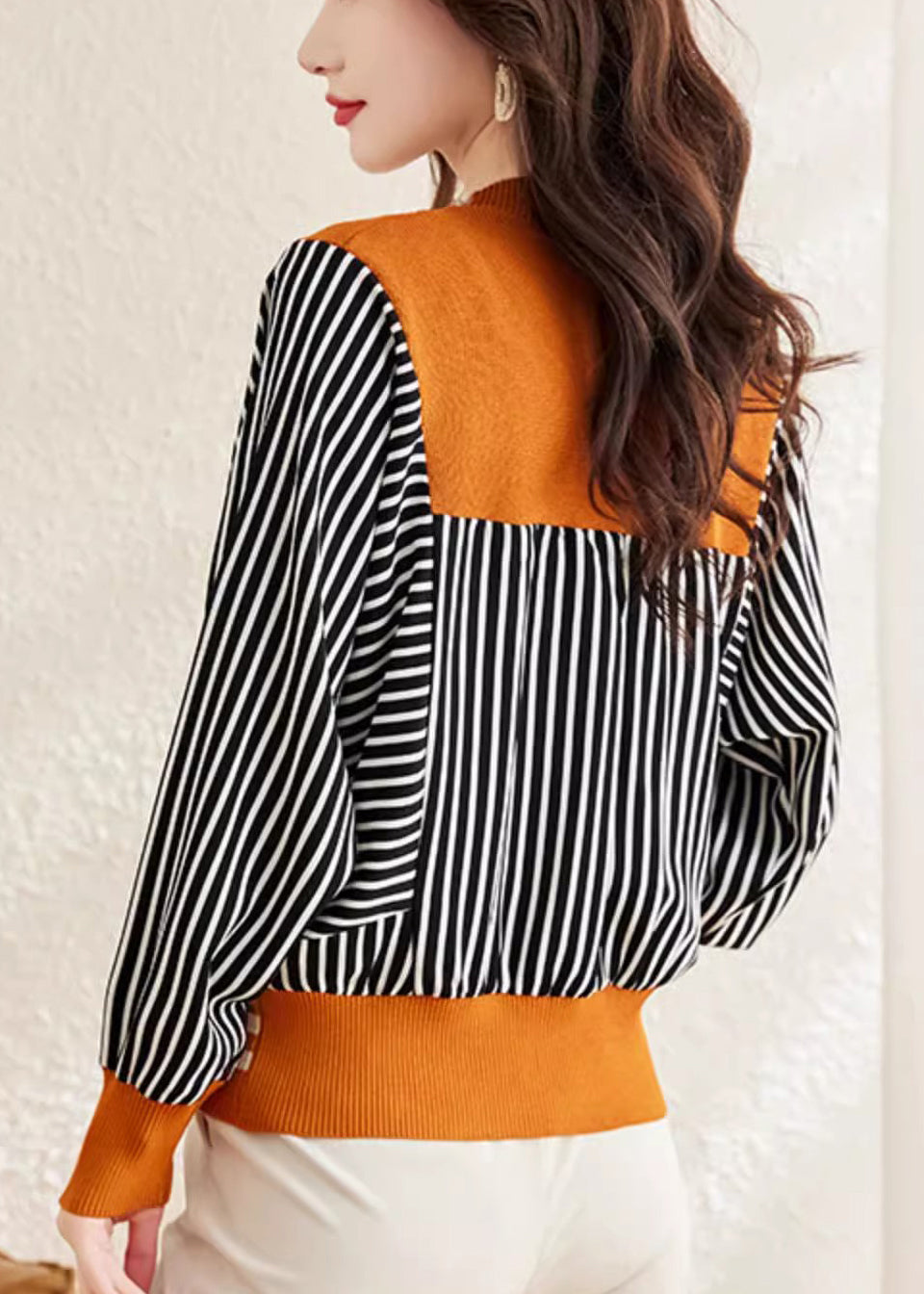 Orange V Neck Striped Button Woolen Sweater Spring Tf045