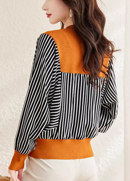 Orange V Neck Striped Button Woolen Sweater Spring Tf045