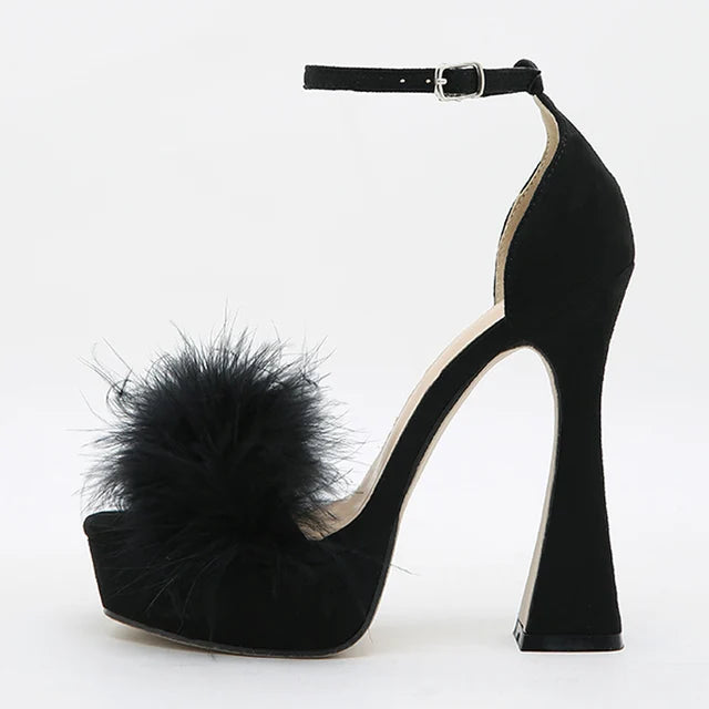 Pink Feather Fluffy High Heels Platform Sandals Peep Toe Ankle Buckle Strap Wedding Dress Shoes Sandalias