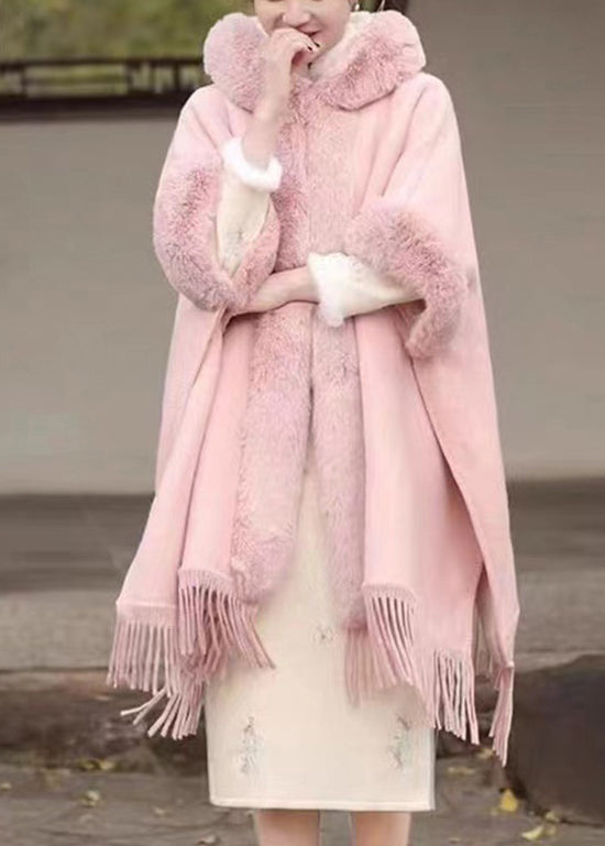 Pink Fur Collar Tassel Hooded Woolen Coat Fall Wo041