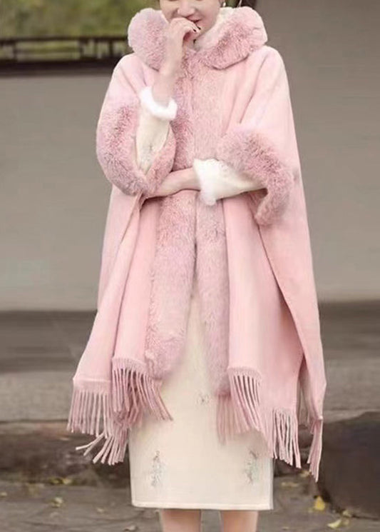 Pink Fur Collar Tassel Hooded Woolen Coat Fall Wo041