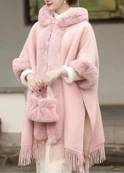 Pink Fur Collar Tassel Hooded Woolen Coat Fall Wo041