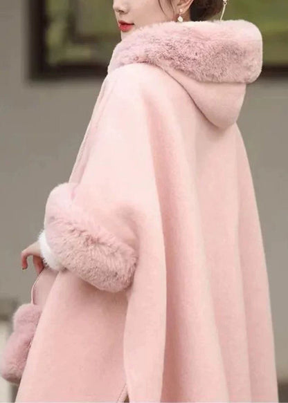 Pink Fur Collar Tassel Hooded Woolen Coat Fall Wo041