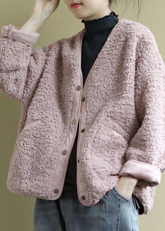 Pink Pockets Button Fall Winter Thick Coats Long Sleeve Qs043