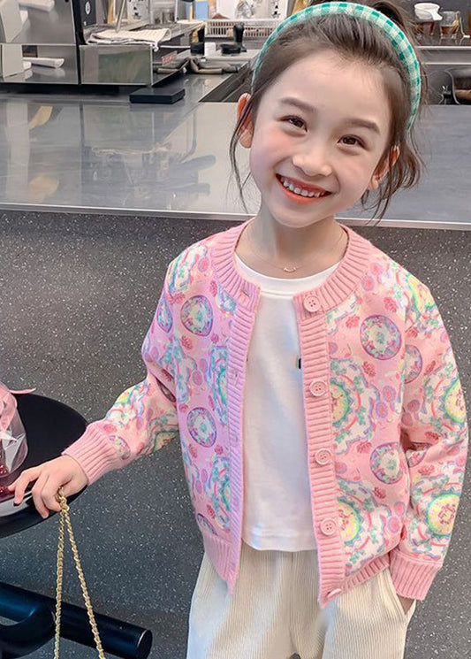 Pink Print Button Cotton Knit Kids Cardigan Spring Tp032