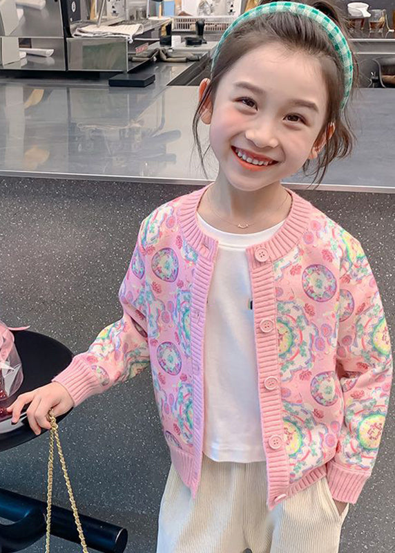 Pink Print Button Cotton Knit Kids Cardigan Spring Tp032