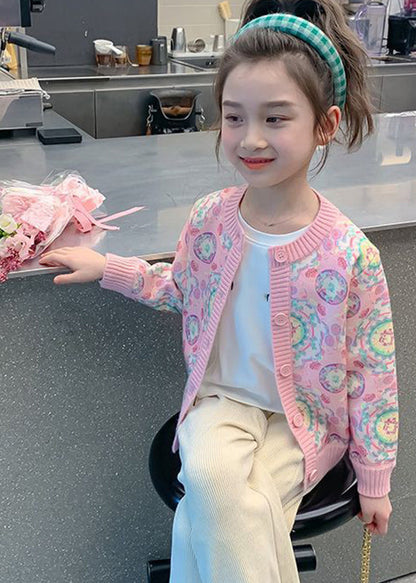 Pink Print Button Cotton Knit Kids Cardigan Spring Tp032