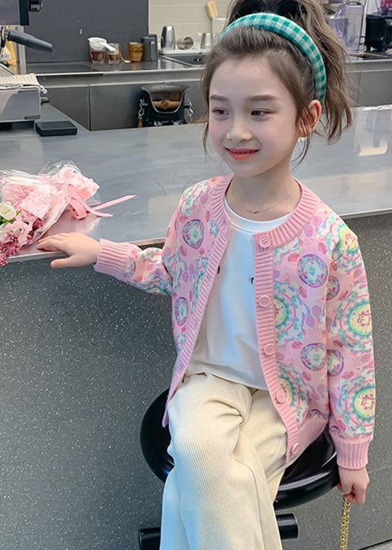 Pink Print Button Cotton Knit Kids Cardigan Spring Tp032