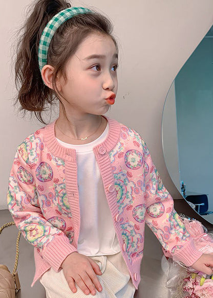 Pink Print Button Cotton Knit Kids Cardigan Spring Tp032