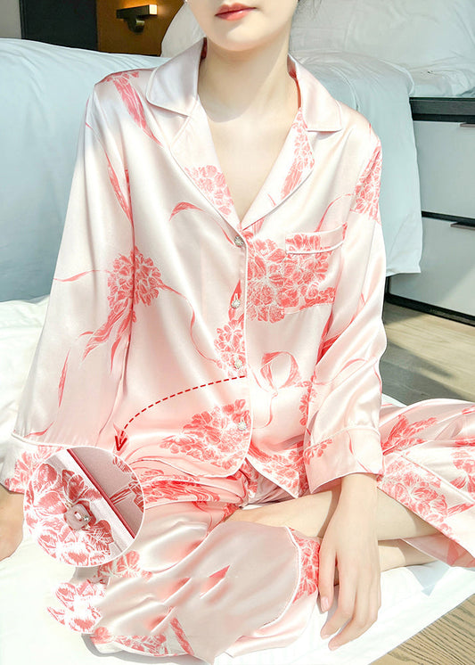 Pink Print Silk Shirts and Straight Pants Two Pieces Set Long Sleeve Xs10301