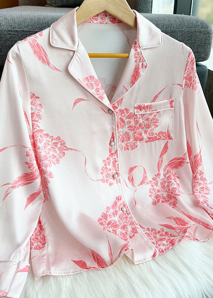 Pink Print Silk Shirts and Straight Pants Two Pieces Set Long Sleeve Xs10301