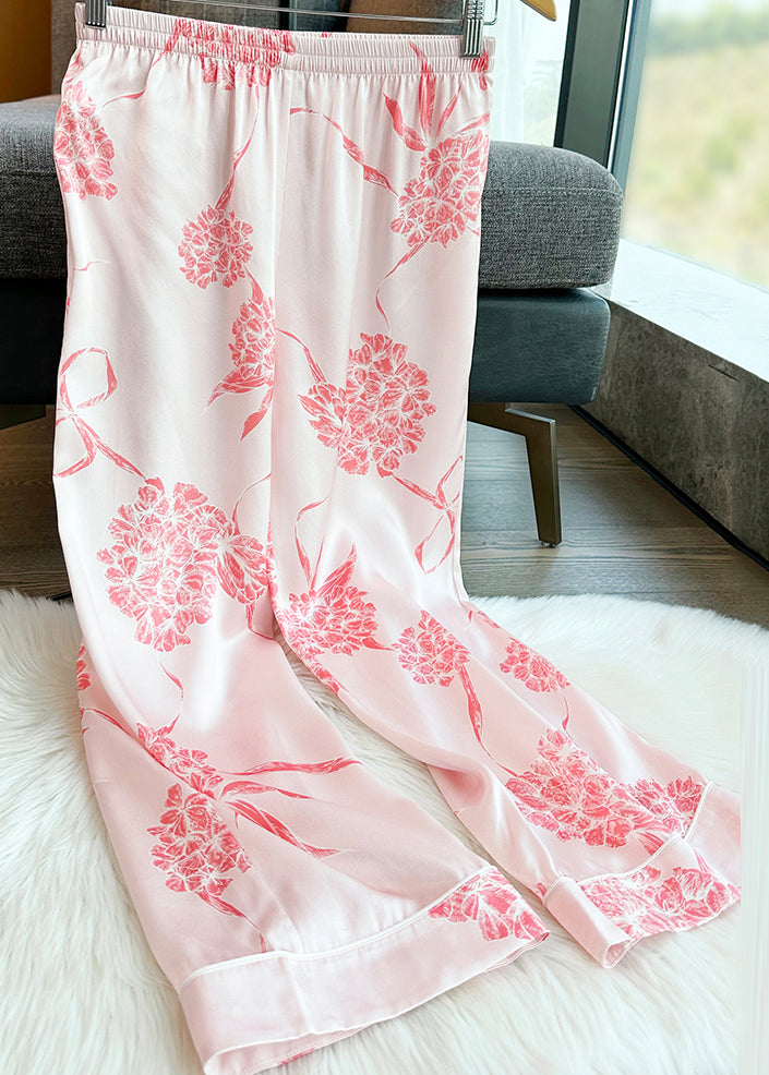 Pink Print Silk Shirts and Straight Pants Two Pieces Set Long Sleeve Xs10301