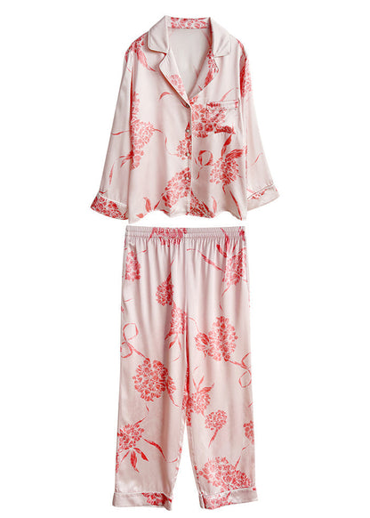 Pink Print Silk Shirts and Straight Pants Two Pieces Set Long Sleeve Xs10301
