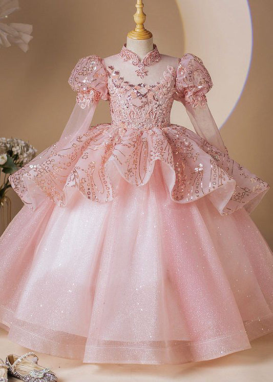 Pink Stand Collar Patchwork Tulle Long Dress Long Sleeve Yg010