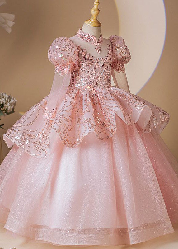 Pink Stand Collar Patchwork Tulle Long Dress Long Sleeve Yg010