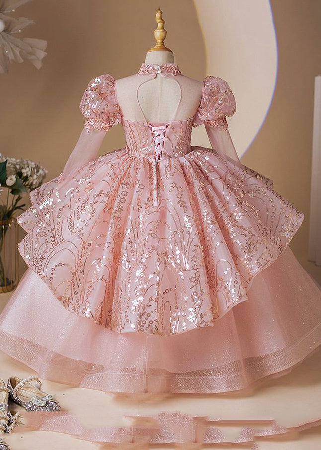 Pink Stand Collar Patchwork Tulle Long Dress Long Sleeve Yg010