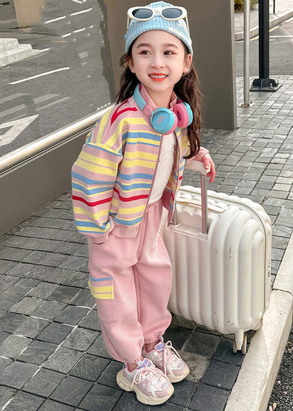 Pink Striped Zippered Kids Top and Pants Two Pieces Set Spring Tr022