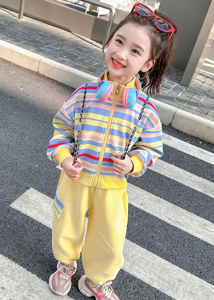 Pink Striped Zippered Kids Top and Pants Two Pieces Set Spring Tr022