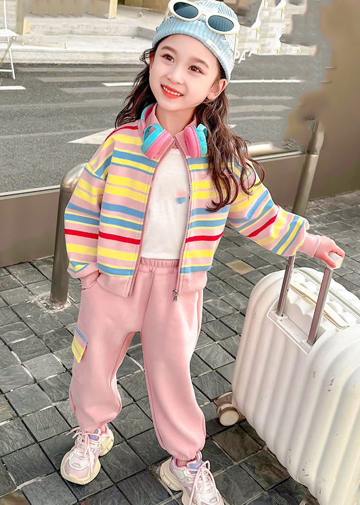 Pink Striped Zippered Kids Top and Pants Two Pieces Set Spring Tr022