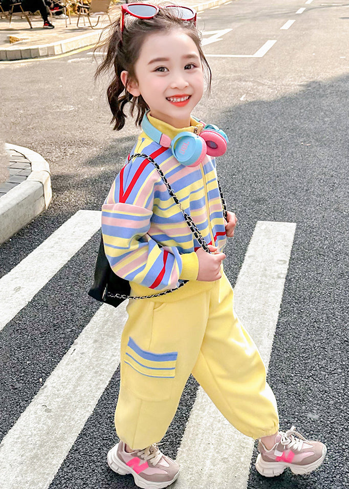 Pink Striped Zippered Kids Top and Pants Two Pieces Set Spring Tr022
