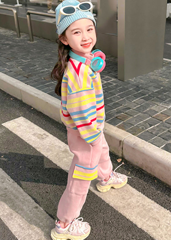 Pink Striped Zippered Kids Top and Pants Two Pieces Set Spring Tr022