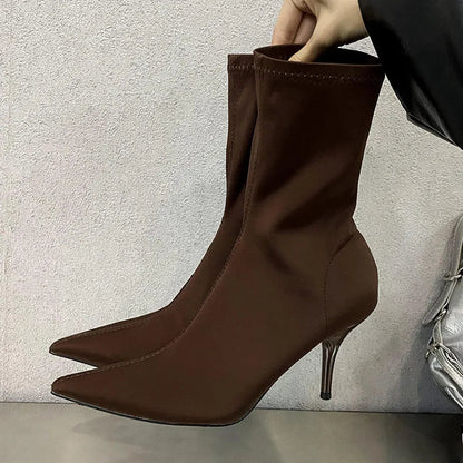 Pointed Toe Thin Heel Elastic Stretch Slip on Pump Ankle Boot