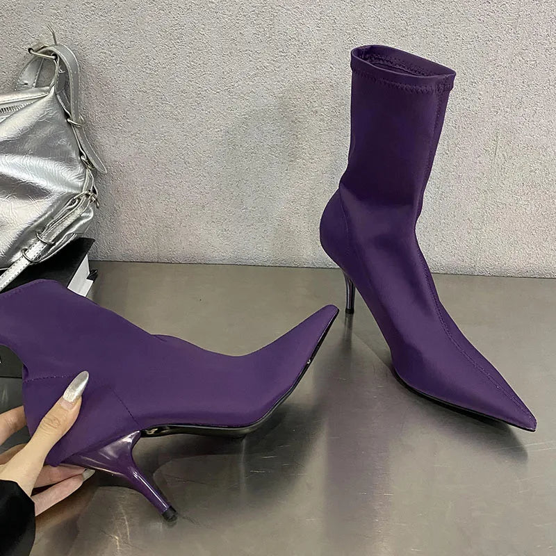 Pointed Toe Thin Heel Elastic Stretch Slip on Pump Ankle Boot