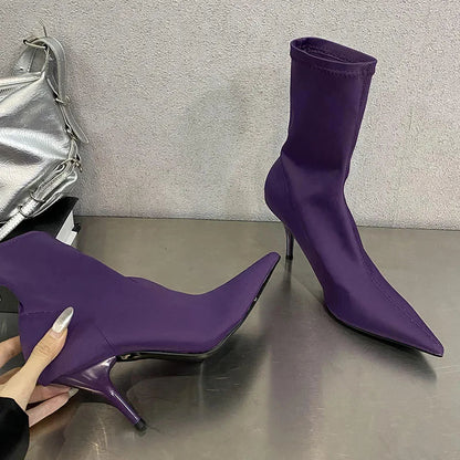 Pointed Toe Thin Heel Elastic Stretch Slip on Pump Ankle Boot
