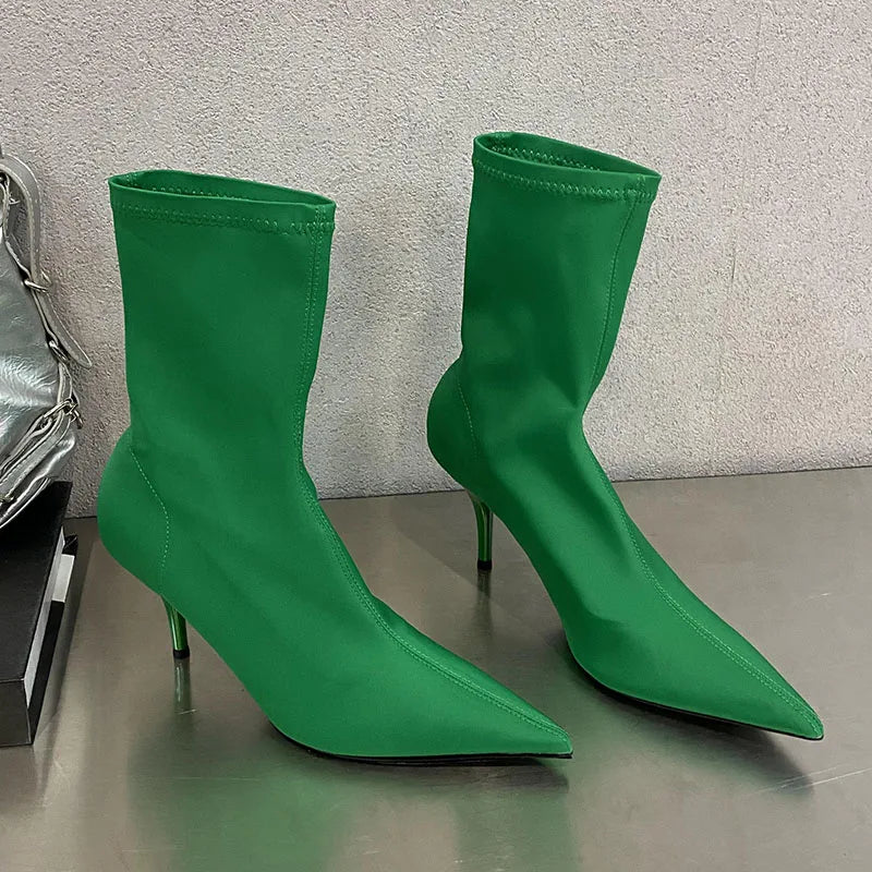 Pointed Toe Thin Heel Elastic Stretch Slip on Pump Ankle Boot