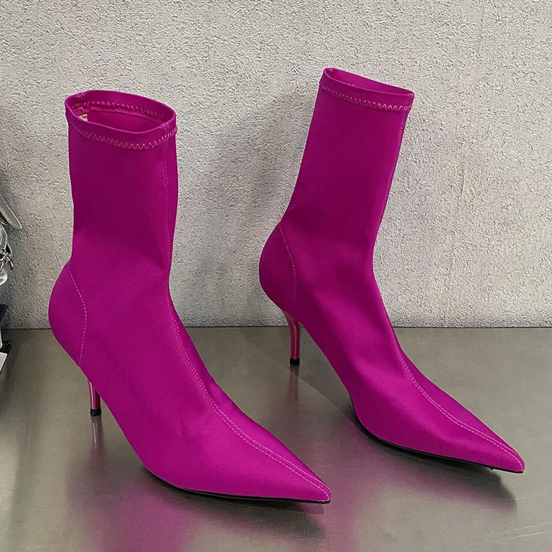 Pointed Toe Thin Heel Elastic Stretch Slip on Pump Ankle Boot