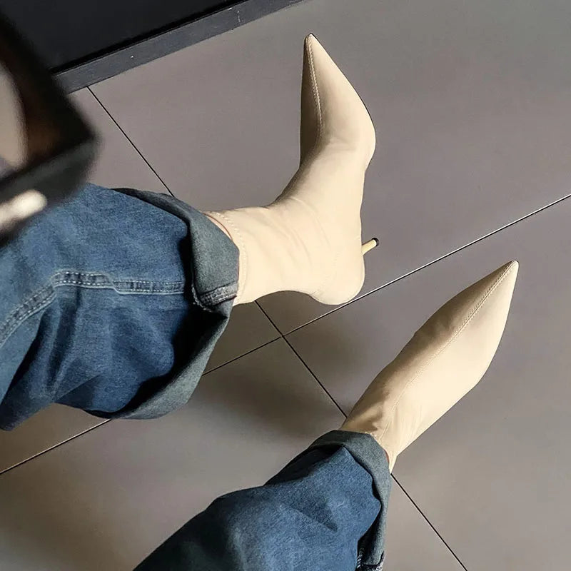 Pointed Toe Thin Heel Elastic Stretch Slip on Pump Ankle Boot