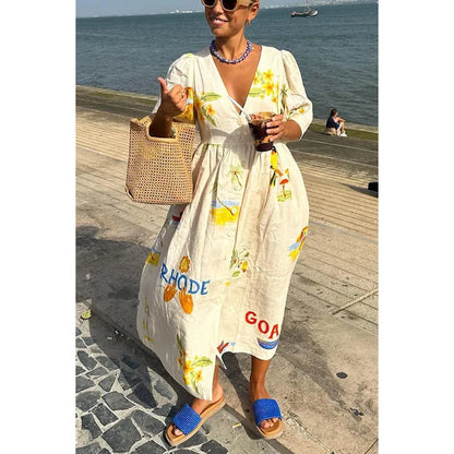 Print Dresses Puff Short Sleeves Single-breasted Beach Vacation Loose Long Dress Summer New Vestidos