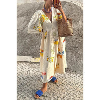 Print Dresses Puff Short Sleeves Single-breasted Beach Vacation Loose Long Dress Summer New Vestidos