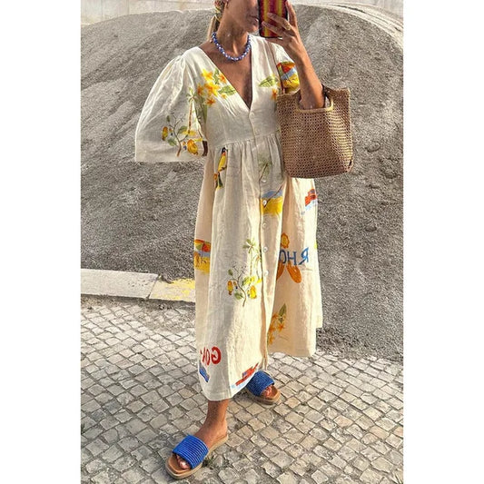 Print Dresses Puff Short Sleeves Single-breasted Beach Vacation Loose Long Dress Summer New Vestidos