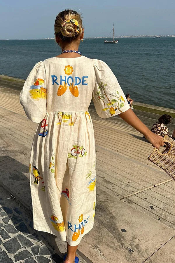 Print Dresses Puff Short Sleeves Single-breasted Beach Vacation Loose Long Dress Summer New Vestidos