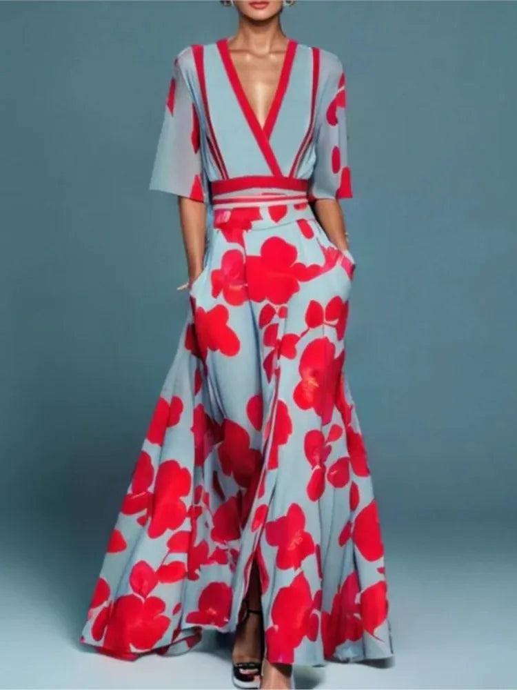 Print Party Long Dresses V-neck Half Sleeves Temperament A-line Evening Dress Female New Commuting Vestido