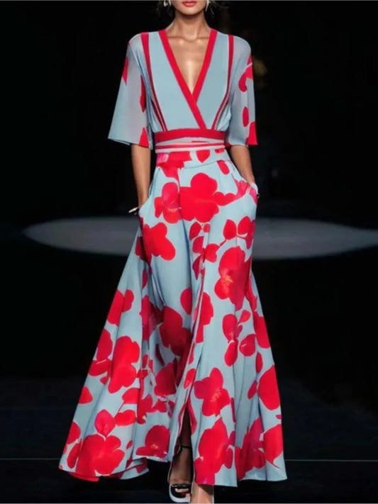 Print Party Long Dresses V-neck Half Sleeves Temperament A-line Evening Dress Female New Commuting Vestido