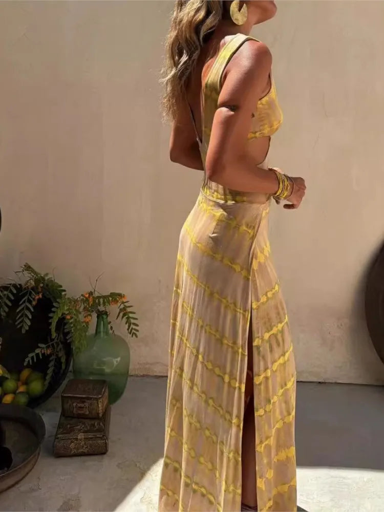 Print Slim Sleeveless Long Dresses V-neck Hollow Out Backless Bodycon Package Hip Slit Dress Vacation Vestido