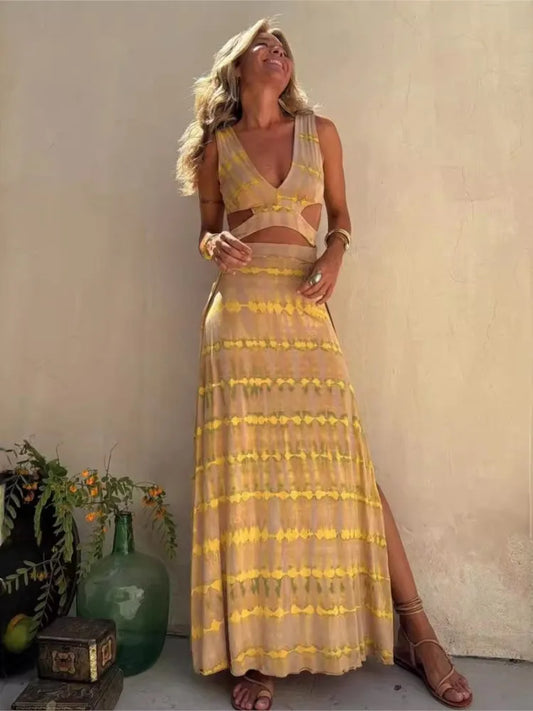 Print Slim Sleeveless Long Dresses V-neck Hollow Out Backless Bodycon Package Hip Slit Dress Vacation Vestido