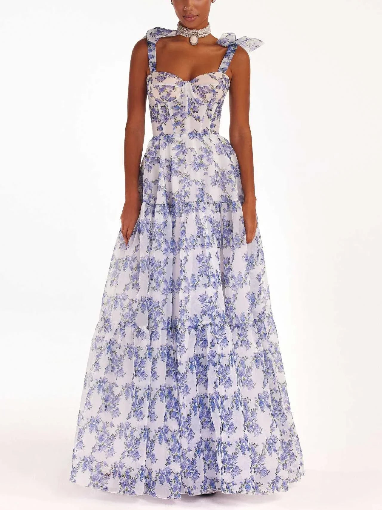 Printed Suspender Dress Backless Lace Up Long Dresses for Blue High Waist Loose Formal Evening Dress