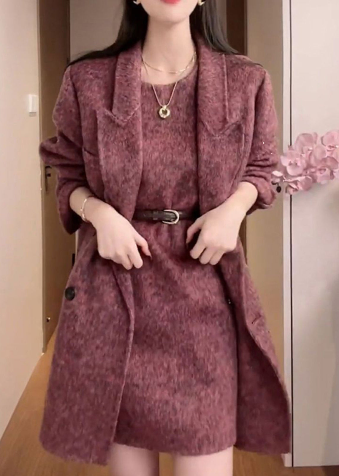 Purple Coat and Dress Woolen 2 Piece Outfit Winter Rf015