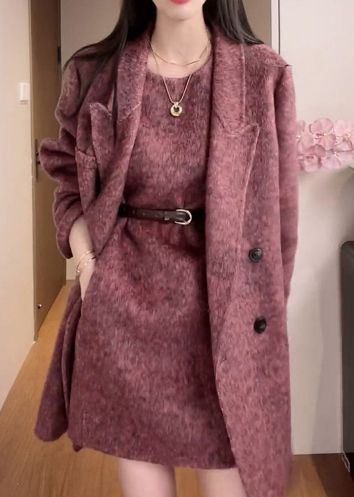 Purple Coat and Dress Woolen 2 Piece Outfit Winter Rf015
