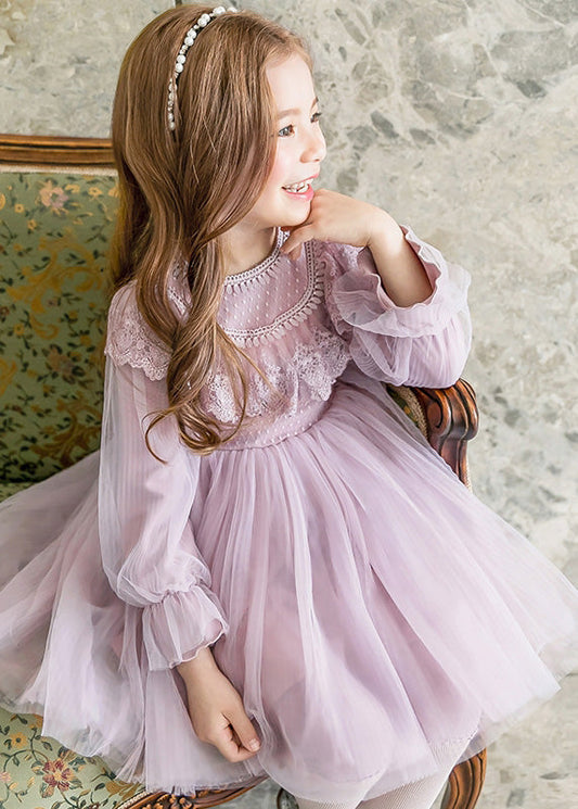 Purple Tassek Warm Fleece Tulle Maxi Dress Flare Sleeve Tg003