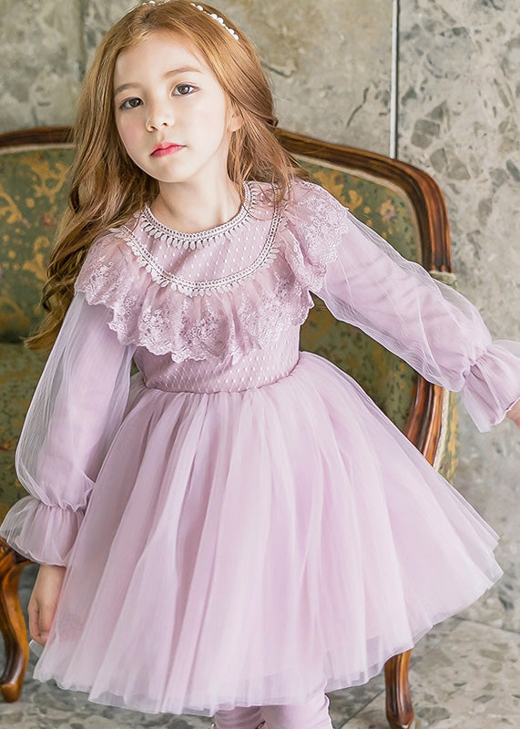 Purple Tassek Warm Fleece Tulle Maxi Dress Flare Sleeve Tg003