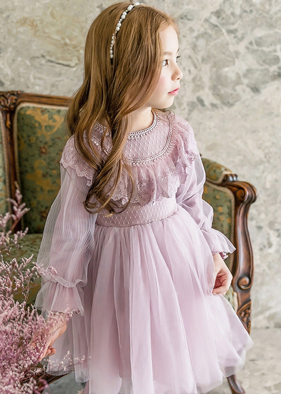 Purple Tassek Warm Fleece Tulle Maxi Dress Flare Sleeve Tg003