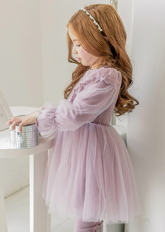Purple Tassek Warm Fleece Tulle Maxi Dress Flare Sleeve Tg003