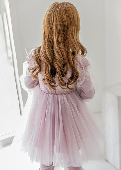 Purple Tassek Warm Fleece Tulle Maxi Dress Flare Sleeve Tg003