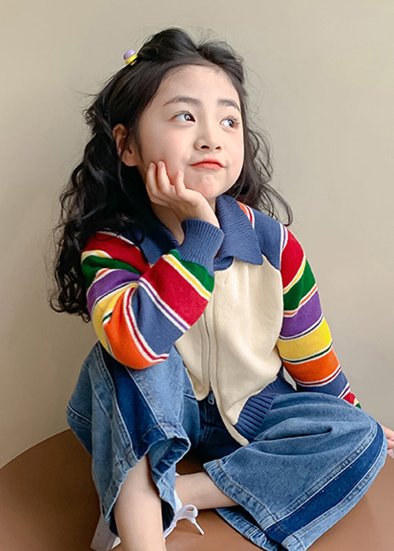 Rainbow Striped Peter Pan Collar Cotton Knit Kids Cardigan Spring Tp029