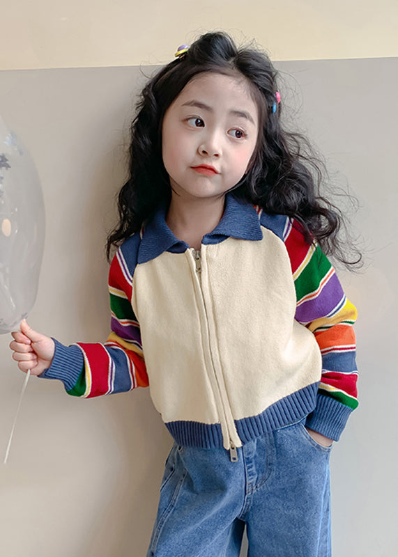 Rainbow Striped Peter Pan Collar Cotton Knit Kids Cardigan Spring Tp029